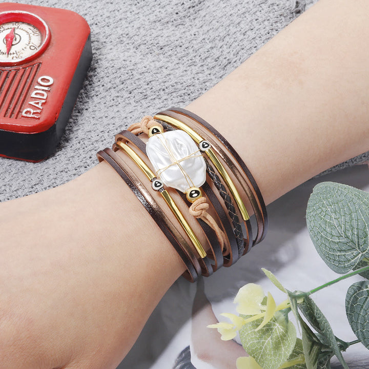 Bracelet en cuir tressé avec perles d'eau douce naturelles Olivenorma