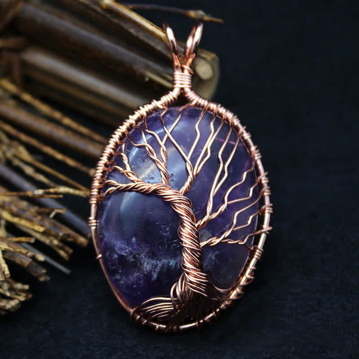 Collier ovale en pierre précieuse arbre de vie œil de tigre Olivenorma