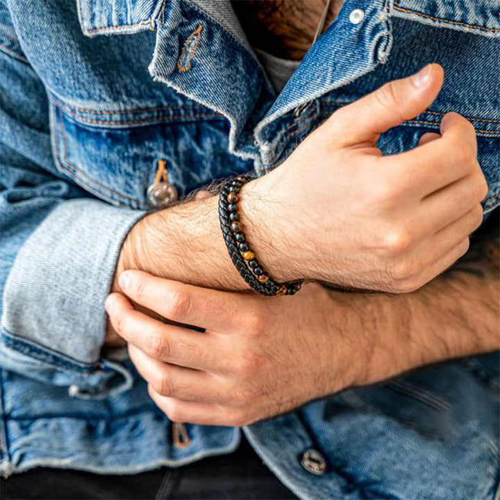 Bracelet en cuir tressé pour homme avec œil de tigre