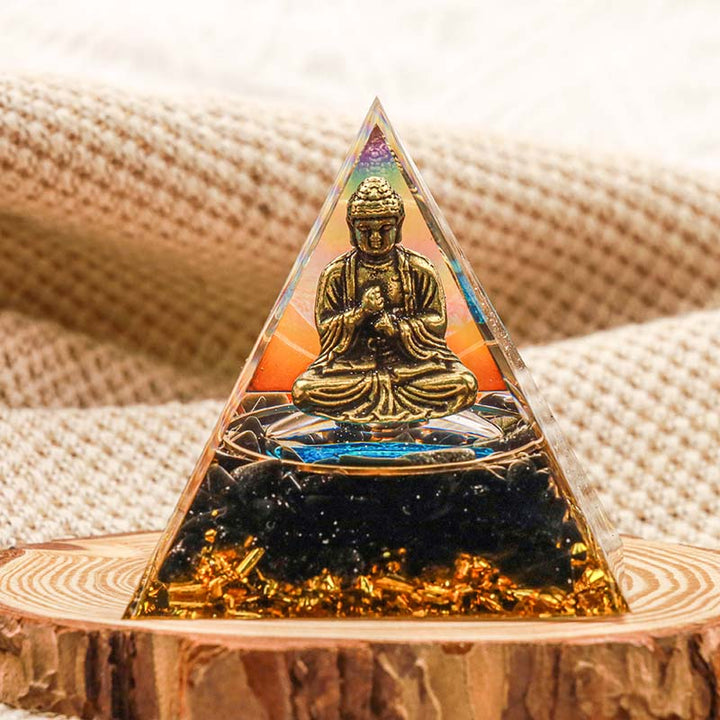 Pyramide d'orgone de protection du Bouddha en obsidienne Olivenorma