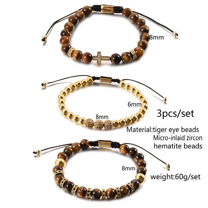 Olivenorma Lot de 3 bracelets en perles de pierre œil de tigre pour homme