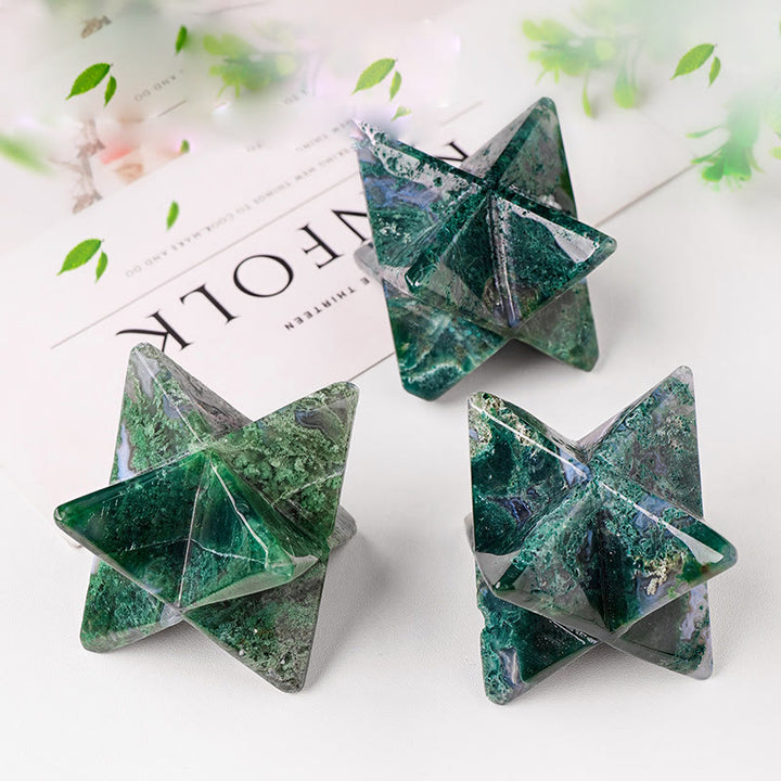 Décoration en pierre précieuse ornementale Merkaba en agate mousse naturelle Olivenorma