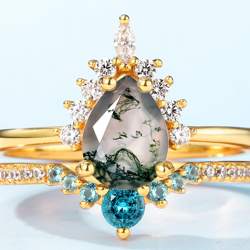 Bague en argent 925 avec 2 pièces d'agate mousse et tourmaline Paraiba Olivenorma