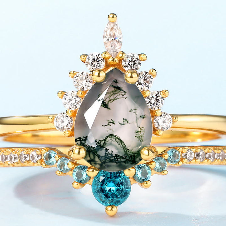 Bague en argent 925 avec 2 pièces d'agate mousse et tourmaline Paraiba Olivenorma