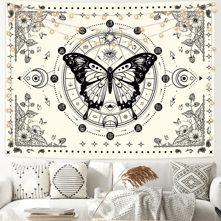 Tapisserie beige Olivenorma, papillon noir, fleur de lune