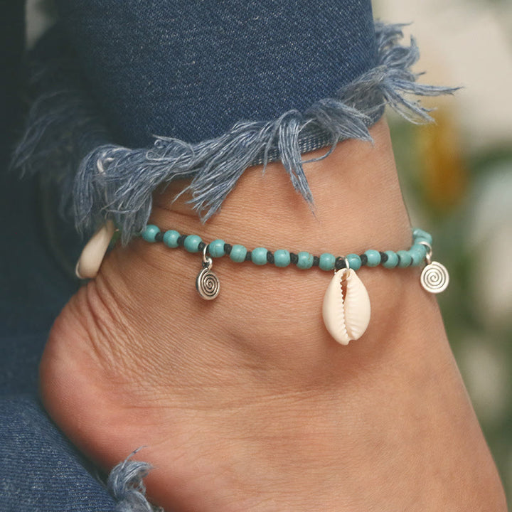 Bracelet de cheville avec pendentif en coquillage et perles turquoise naturelles Olivenorma