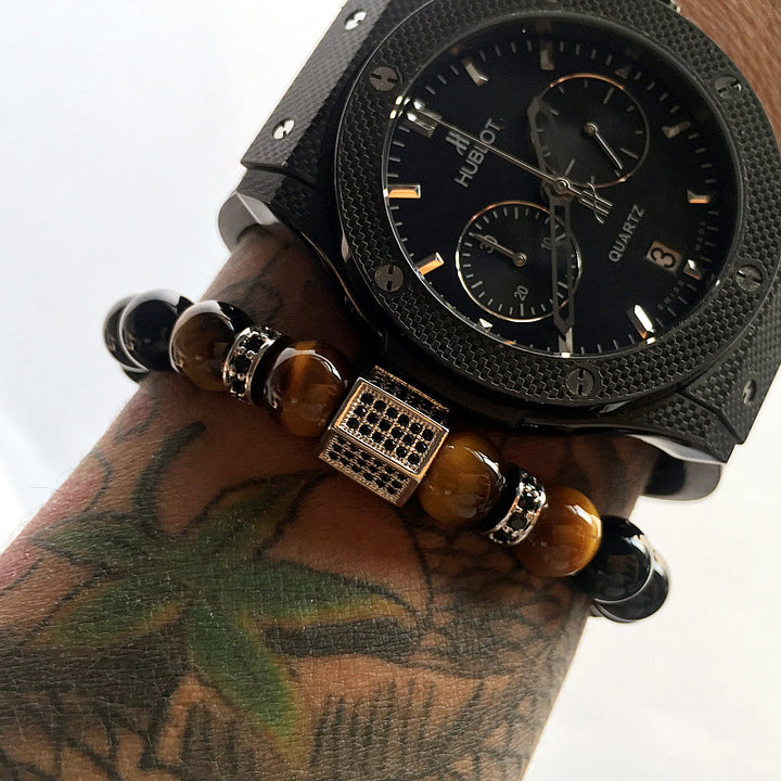 Bracelet en perles noires givrées en œil de tigre pour homme Olivenorma