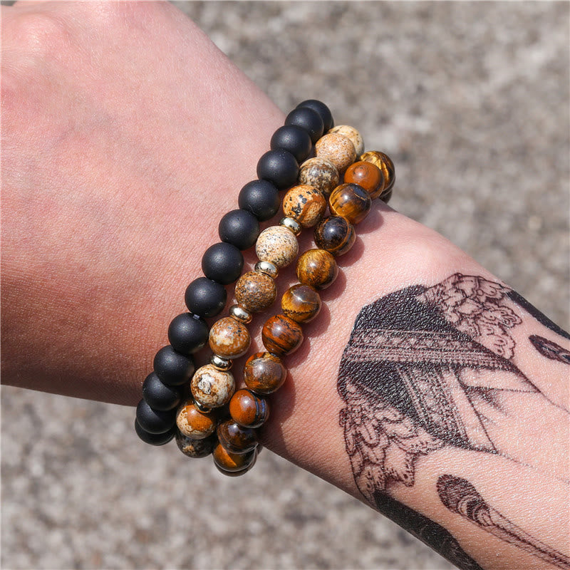 Olivenorma Lot de 3 bracelets en perles de jaspe et œil de tigre en onyx noir