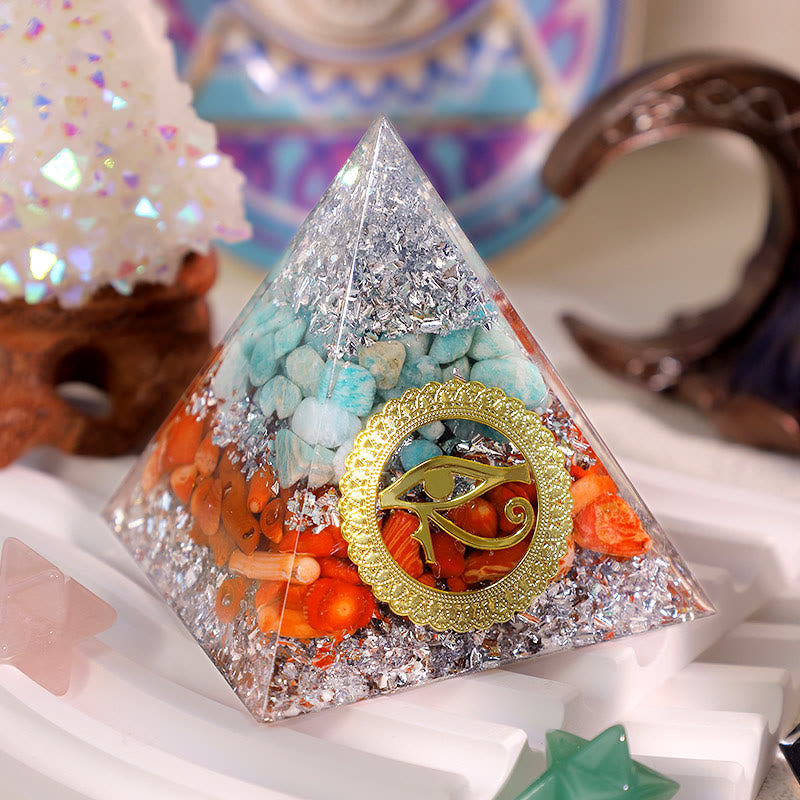 Pyramide d'orgone en corail rouge amazonite Olivenorma œil d'Horus
