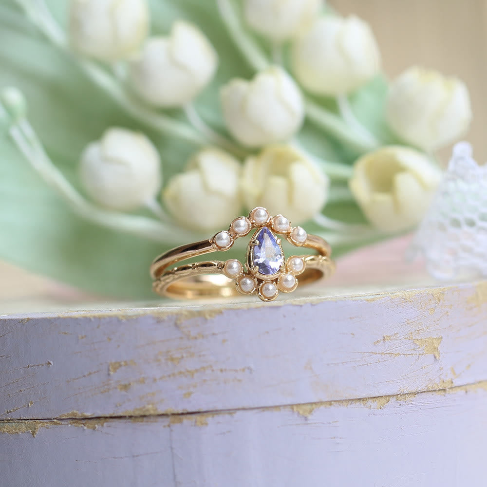 Bague double couche en forme de larme avec saphir et perle S925 Olivenorma