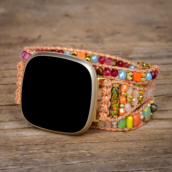 Bracelet de montre Fitbit tissé à la main avec perles de cristal orange Olivenorma