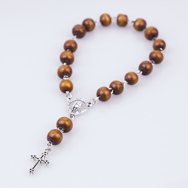 Bracelet chapelet en perles de bois avec croix de la Vierge Marie et christianisme Olivenorma