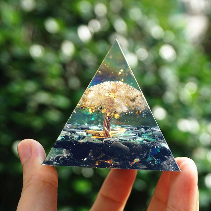 Pyramide d'orgone d'arbre de vie en obsidienne Olivenorma avec cristal clair