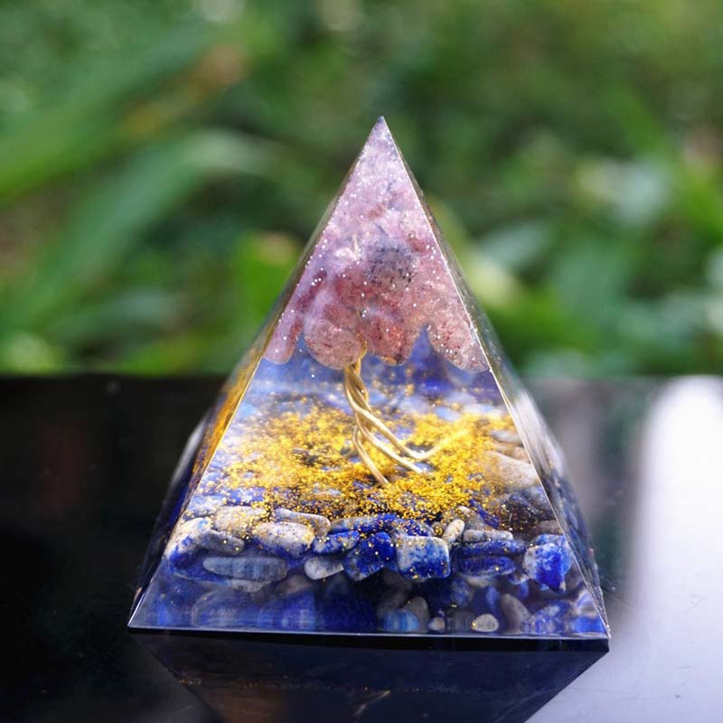 Lapis-lazuli Olivenorma avec pyramide d'orgone de l'arbre de vie en quartz fraise