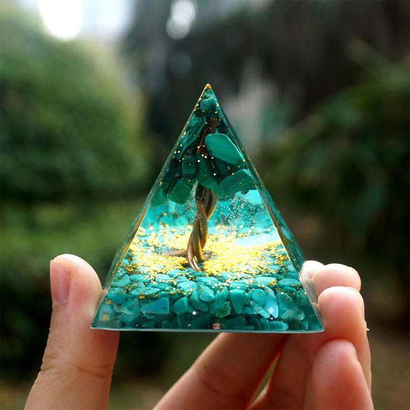 Pyramide d'orgone arbre de vie en malachite Olivenorma avec turquoise