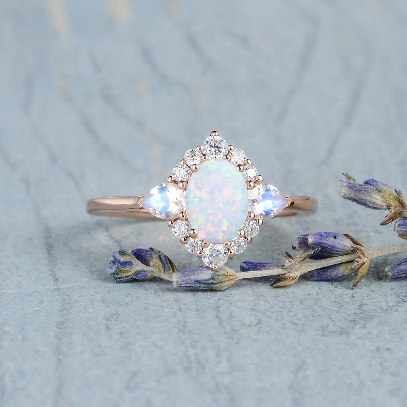 Bague pour femme Olivenorma en opale et pierre de lune avec zircon blanc