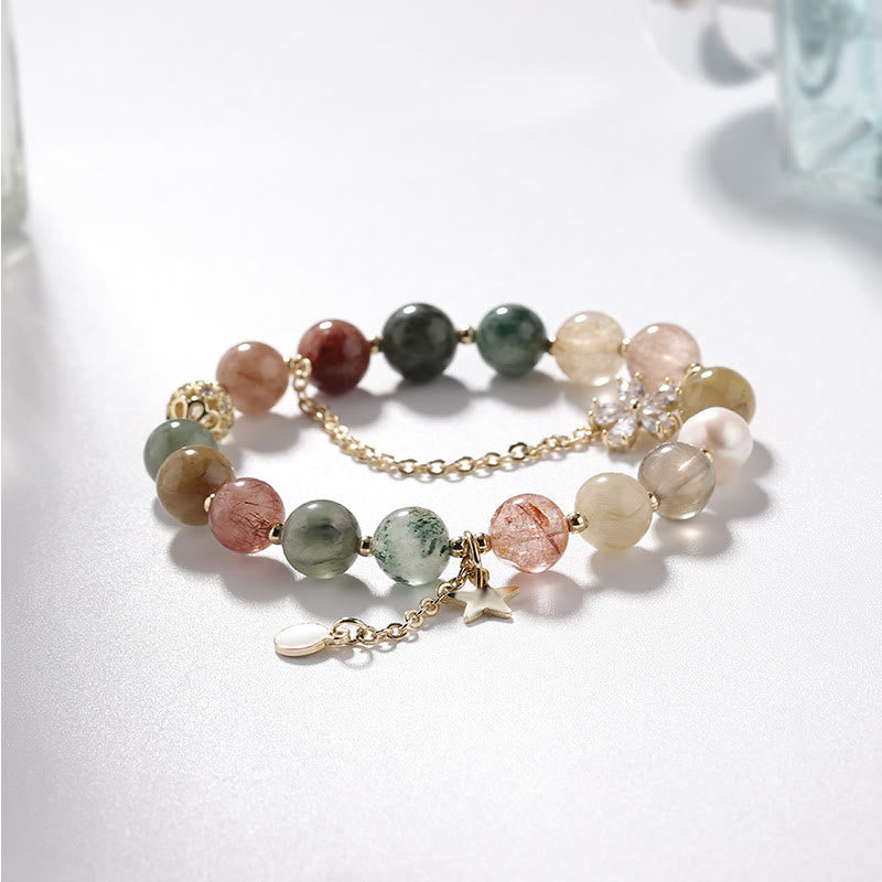 Bracelet de perles en or, quartz rutile et tourmaline, étoile et lune , Olivenorma