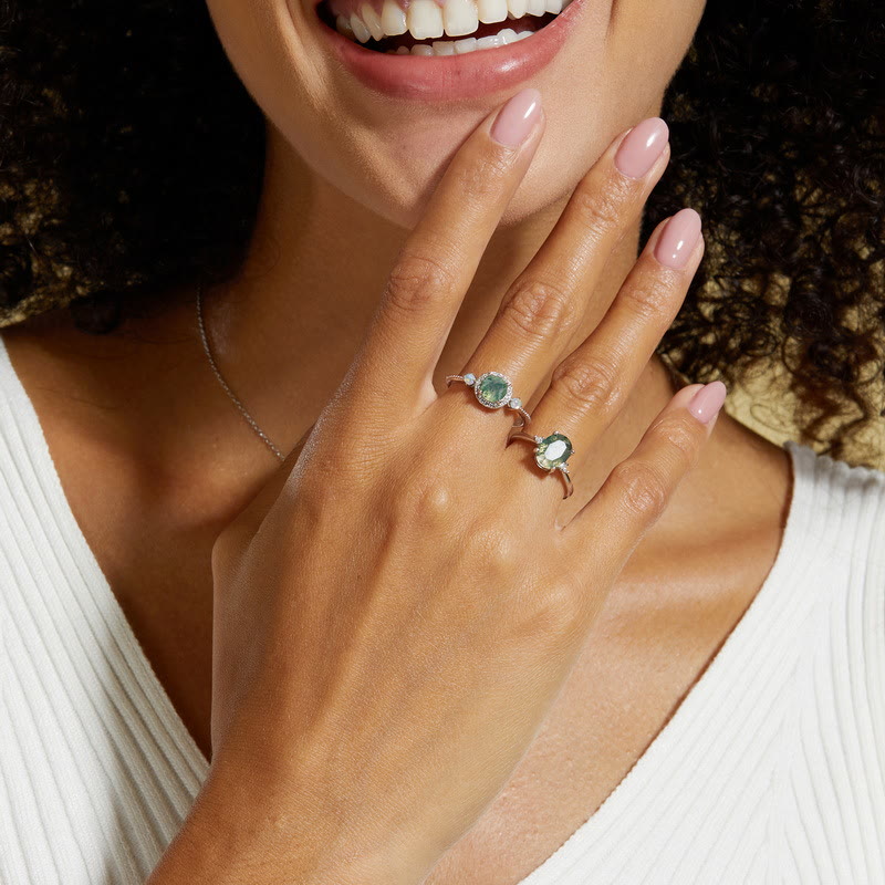 Bague de luxe ronde en agate mousse opale claire Olivenorma