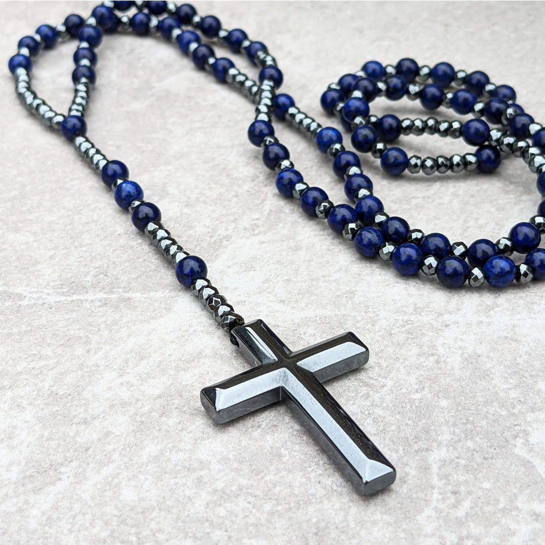 Collier chapelet pour homme avec croix en œil de tigre et lapis-lazuli Olivenorma