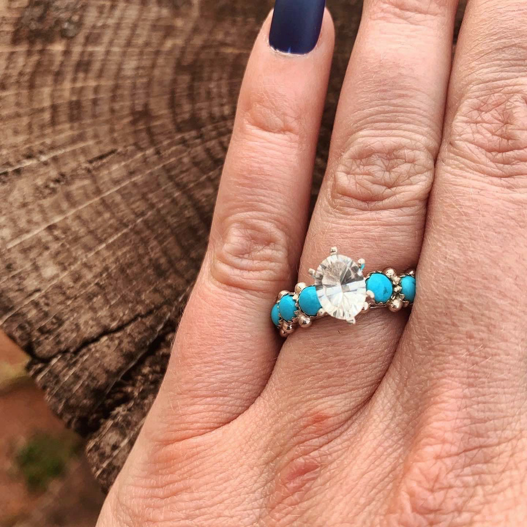 Bague de fiançailles Olivenorma avec diamants et zircons blancs turquoise