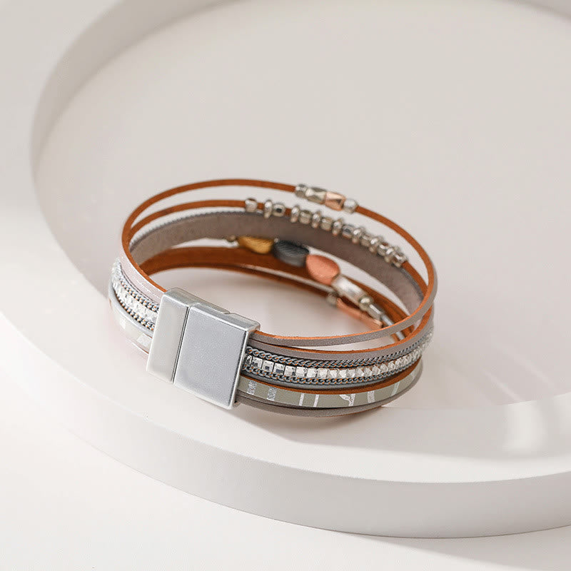 Bracelet en cuir à plusieurs niveaux avec feuille de zircon blanc et hématite Olivenorma