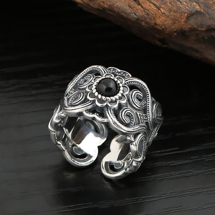 Bague ajustable à motif ethnique en onyx noir Olivenorma