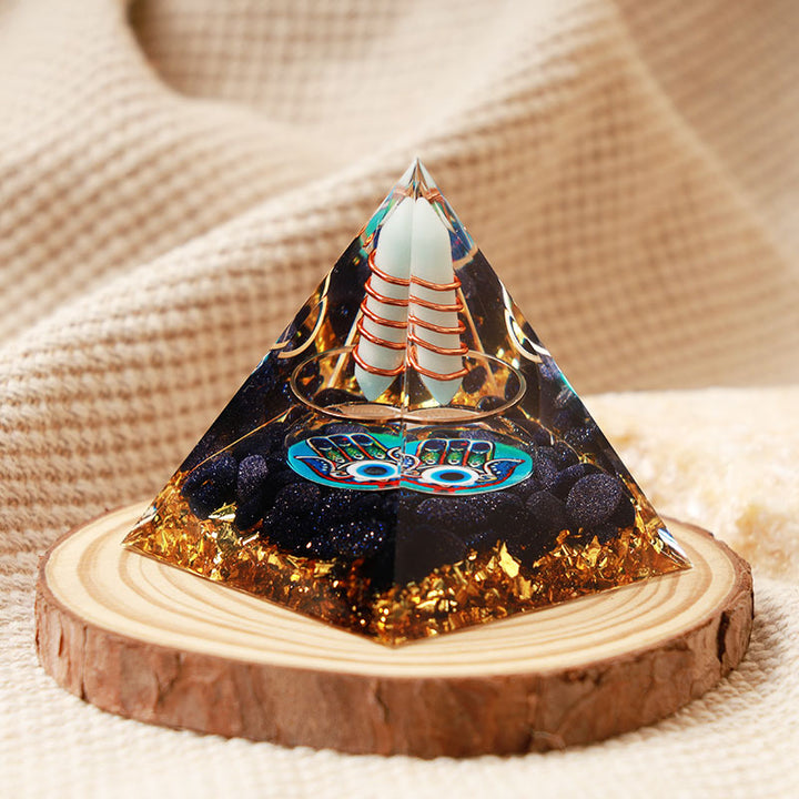 Pilier aigue-marine Olivenorma Hamsa et pyramide orgone du mauvais œil