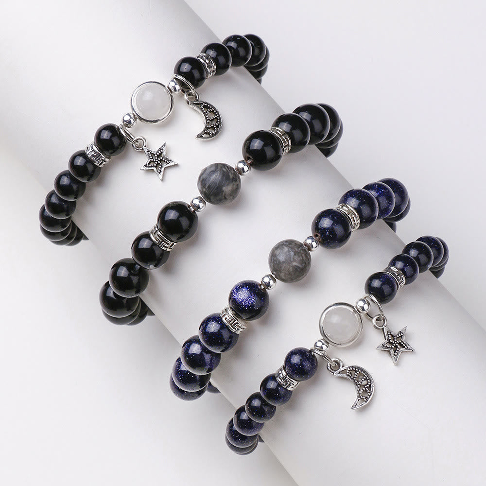 Bracelet en obsidienne de grès bleu Olivenorma avec perles de 6 mm en forme d'étoile et de lune