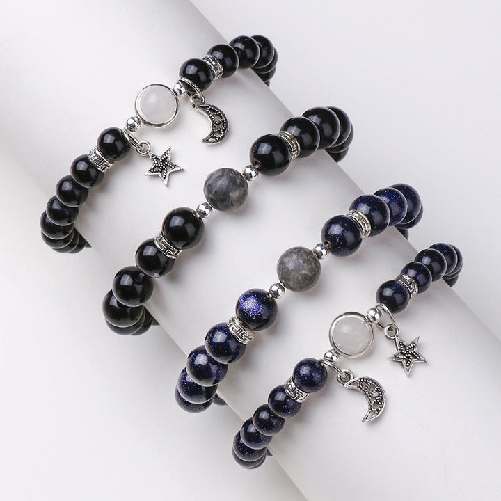 Bracelet en obsidienne de grès bleu Olivenorma avec perles de 6 mm en forme d'étoile et de lune