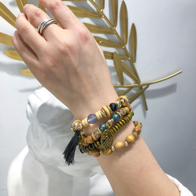 Ensemble de bracelets à pampilles et pendentifs en forme de feuille d'éléphant de Bohême Olivenorma