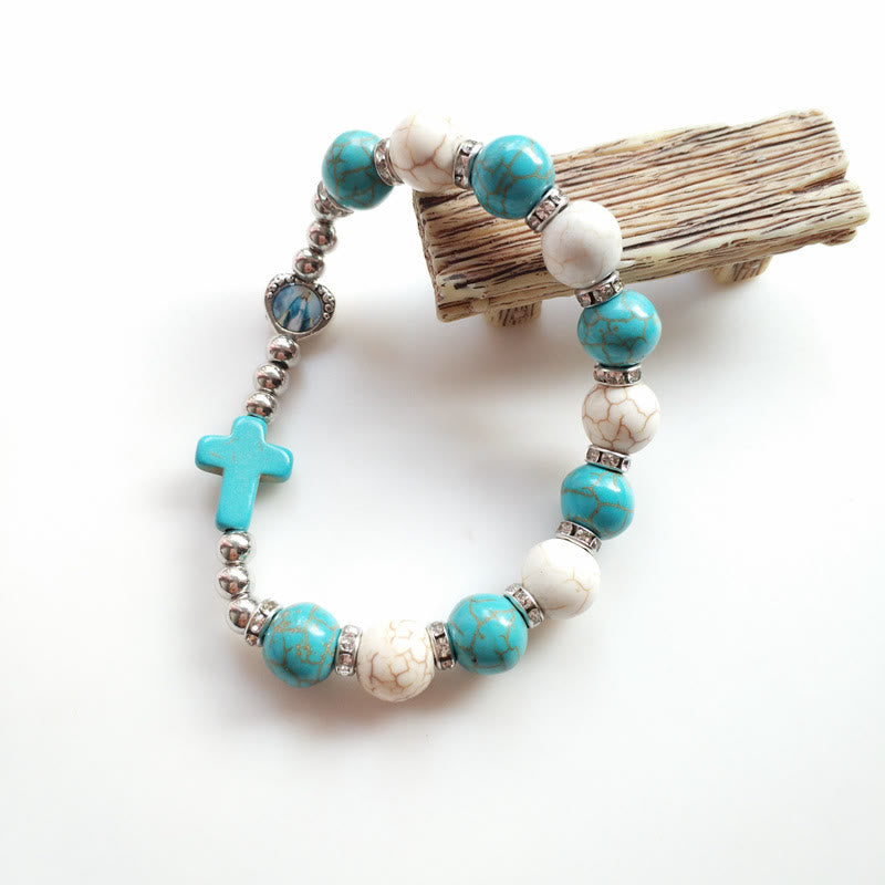 Bracelet Croix Perles Turquoise Blanches Turquoise Olivenorma