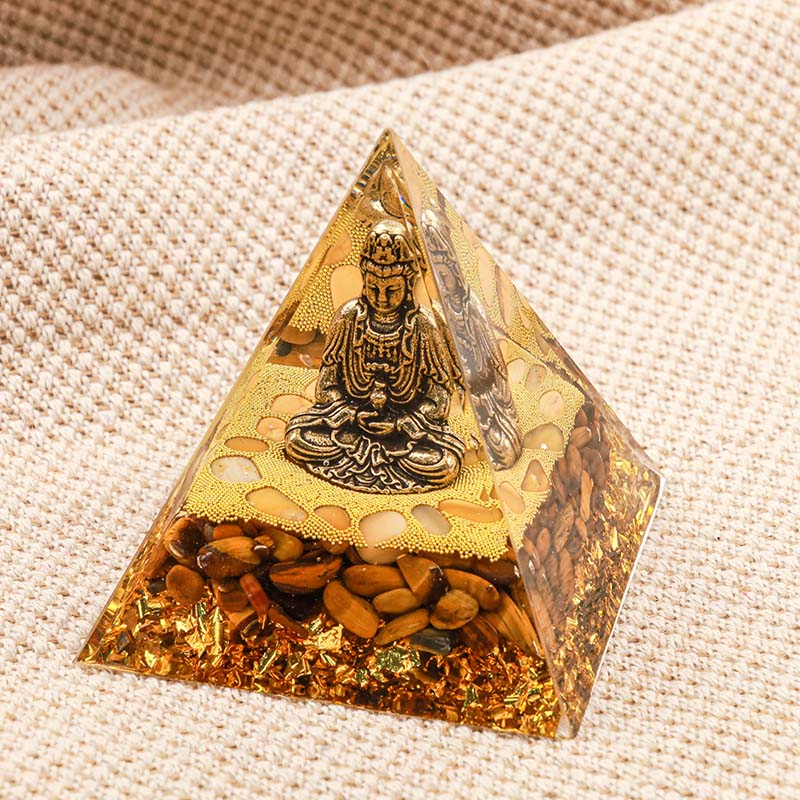 Pyramide d'orgone de Bouddha Olivenorma avec protection en œil de tigre