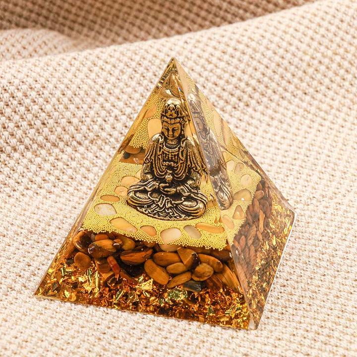 Pyramide d'orgone de Bouddha Olivenorma avec protection en œil de tigre