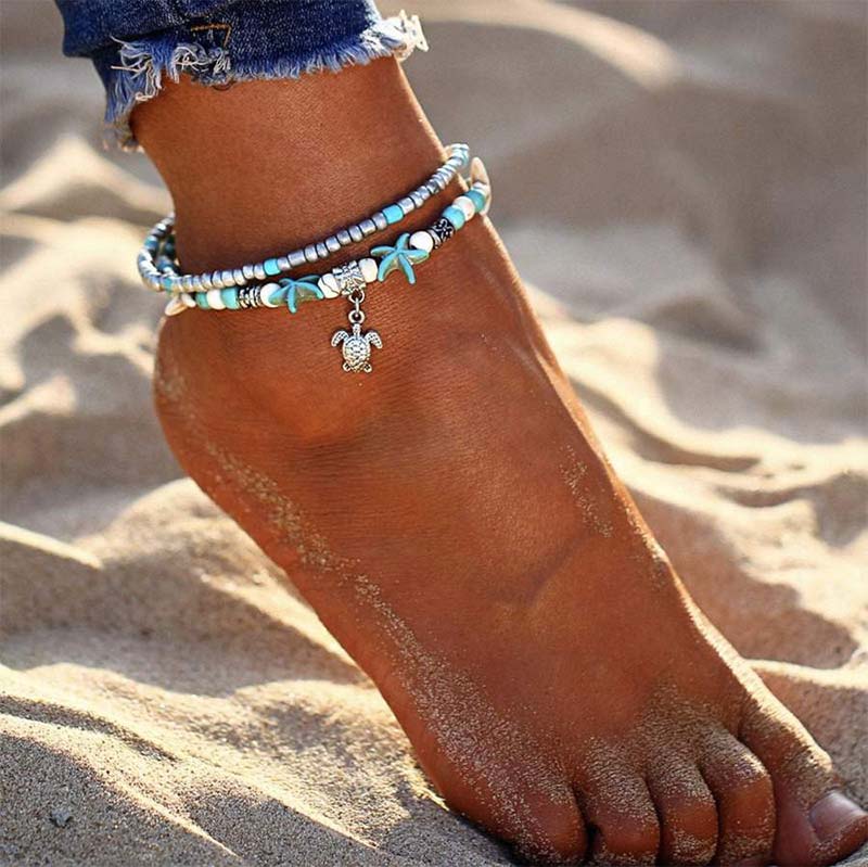 Bracelet de cheville symbole tortue turquoise Olivenorma