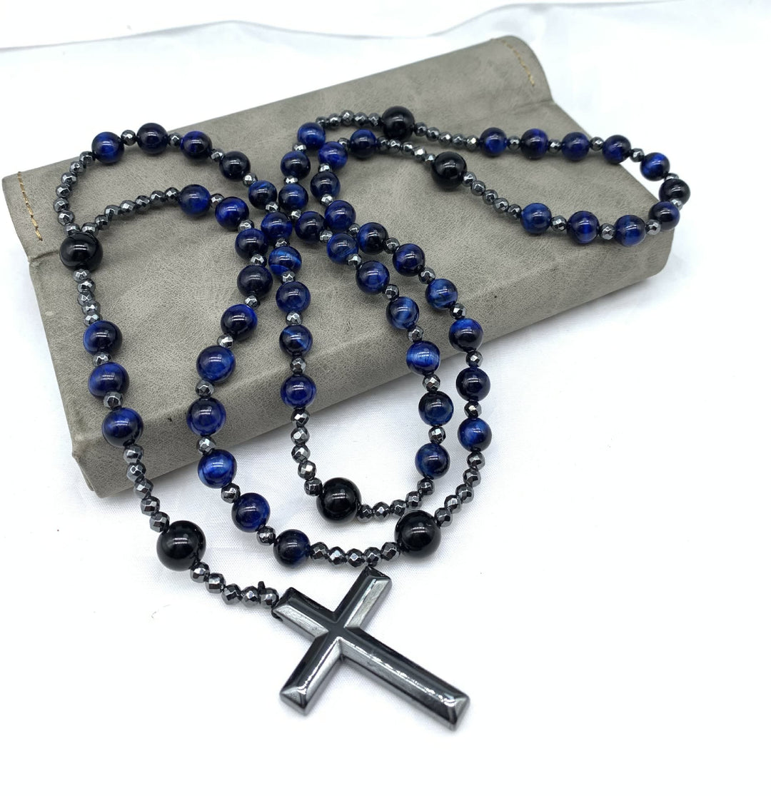 Collier chapelet pour homme avec croix en œil de tigre et lapis-lazuli Olivenorma