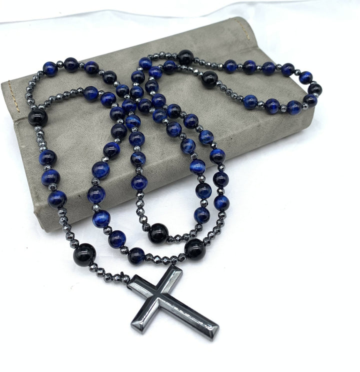 Collier chapelet pour homme avec croix en œil de tigre et lapis-lazuli Olivenorma