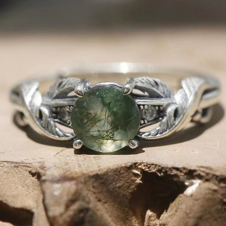 Bague en quartz fantôme vert naturel Olivenorma avec feuille sculptée