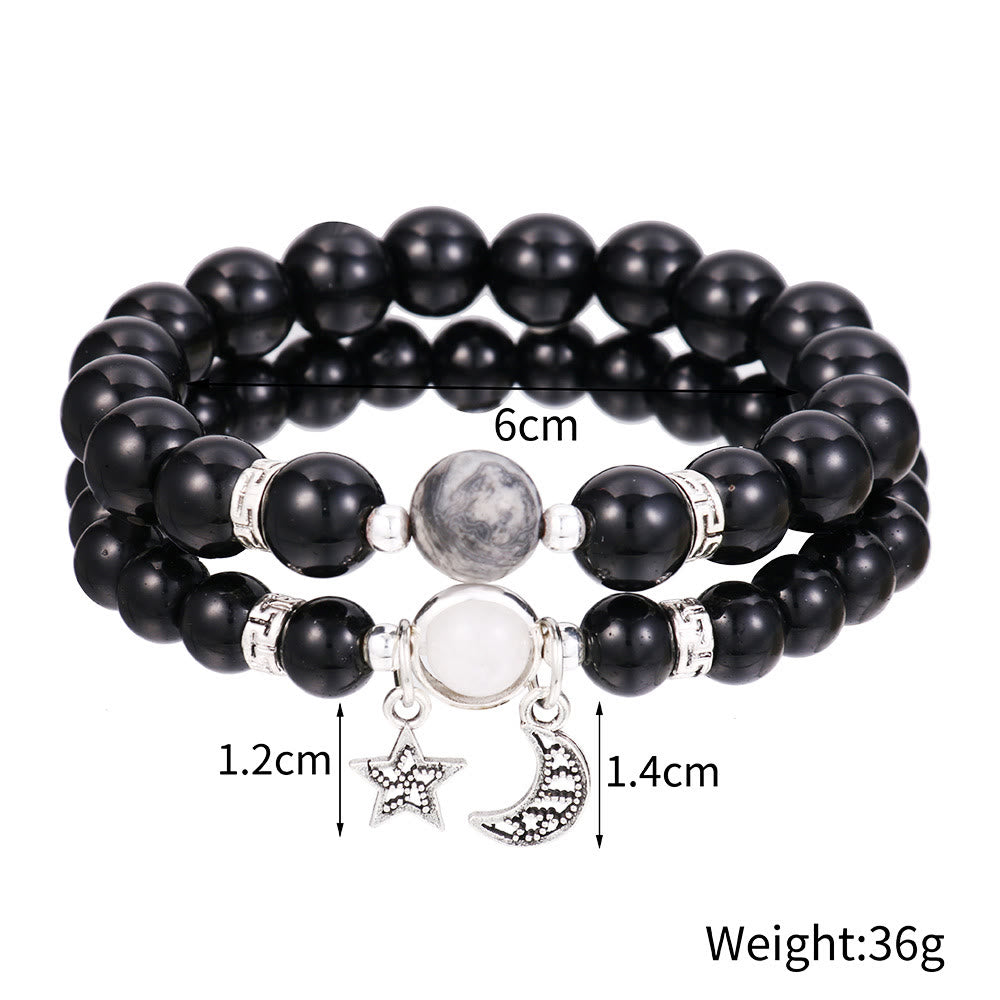 Bracelet en obsidienne de grès bleu Olivenorma avec perles de 6 mm en forme d'étoile et de lune