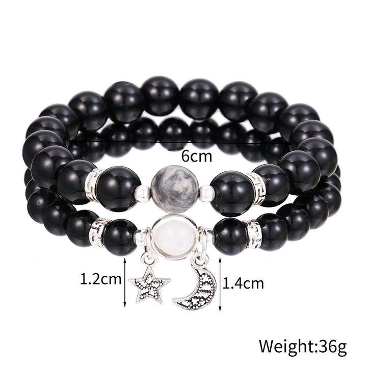 Bracelet en obsidienne de grès bleu Olivenorma avec perles de 6 mm en forme d'étoile et de lune