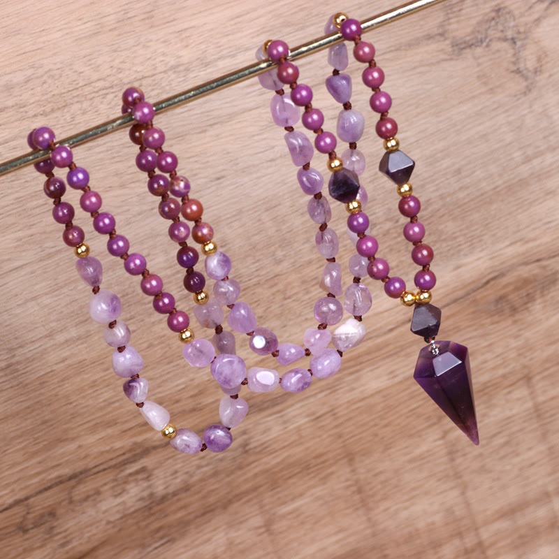 Collier Mala en perles de jade violet améthyste naturel Olivenorma