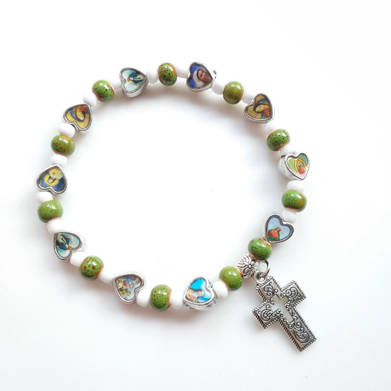 Bracelet croix chrétienne en perles de pierre colorées naturelles Olivenorma