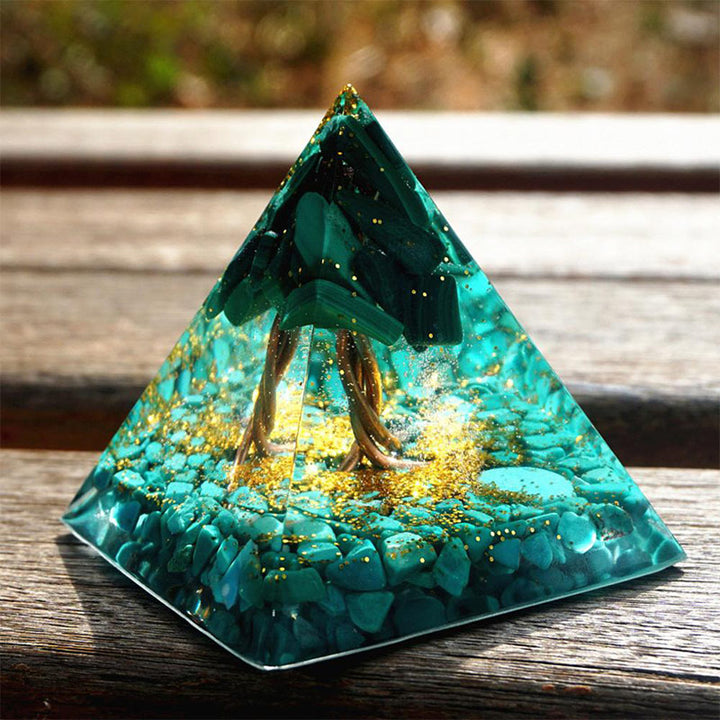 Pyramide d'orgone arbre de vie en malachite Olivenorma avec turquoise
