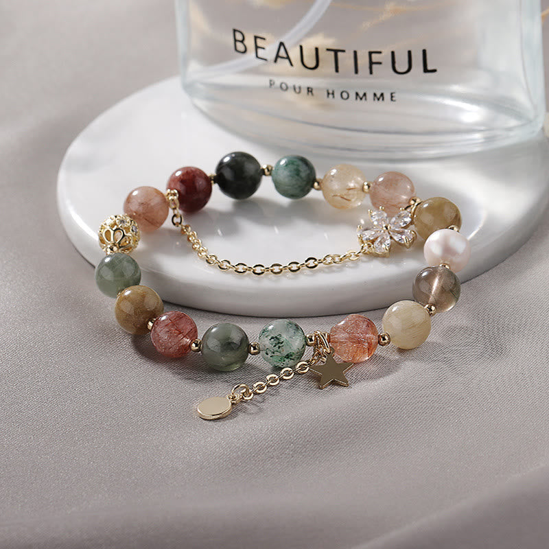 Bracelet de perles en or, quartz rutile et tourmaline, étoile et lune , Olivenorma