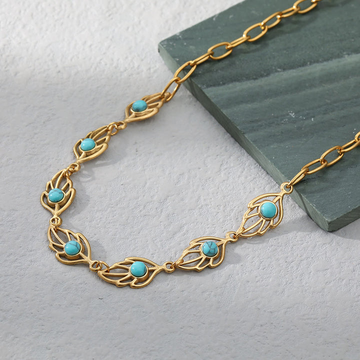 Collier en acier inoxydable 18 carats en forme de feuille de turquoise Olivenorma