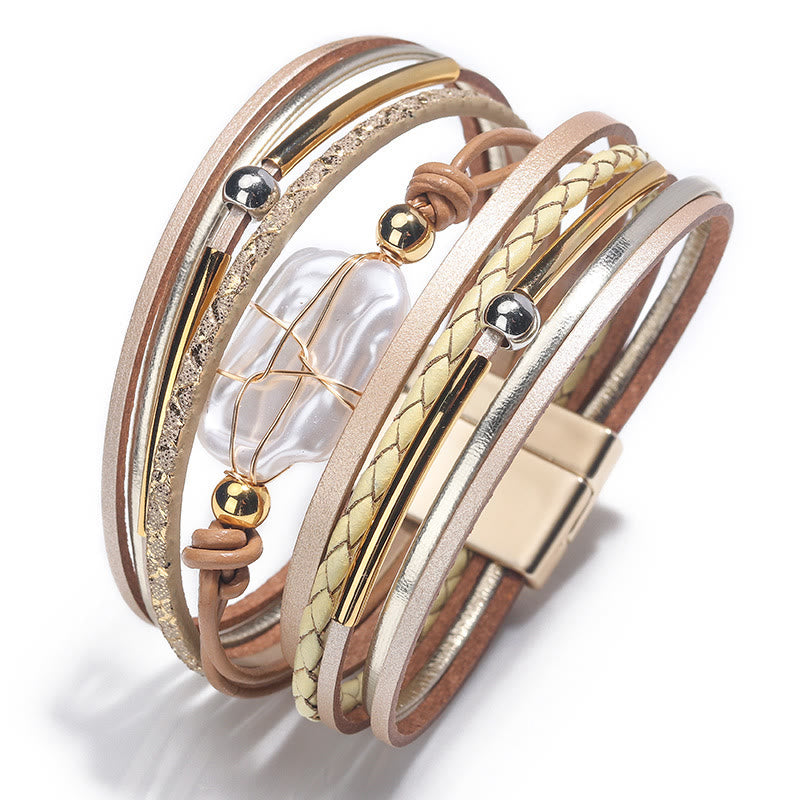 Bracelet en cuir tressé avec perles d'eau douce naturelles Olivenorma