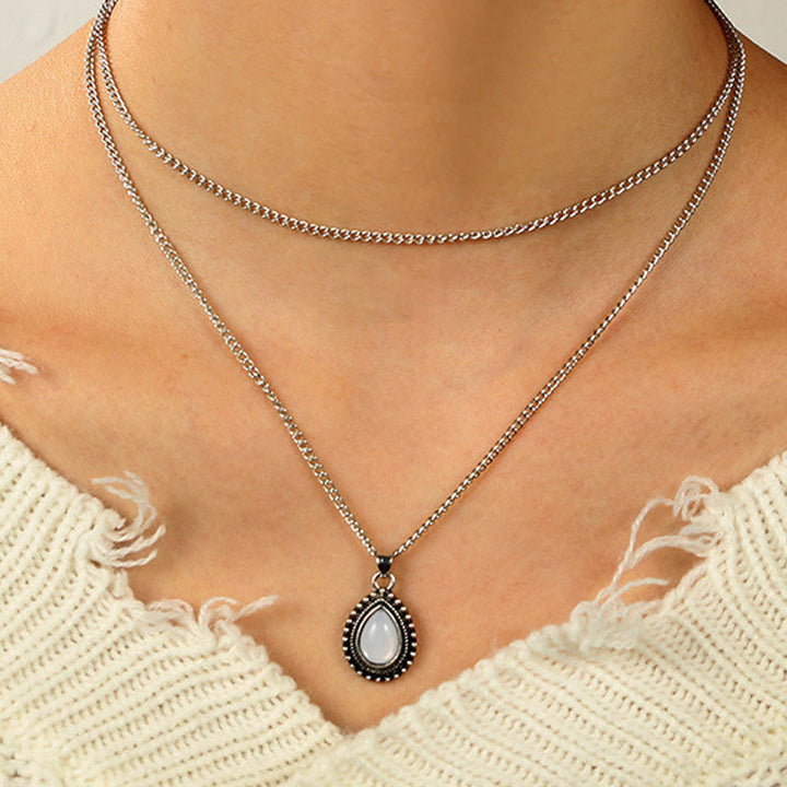Collier ras du cou double en pierre de lune en forme de goutte Olivenorma