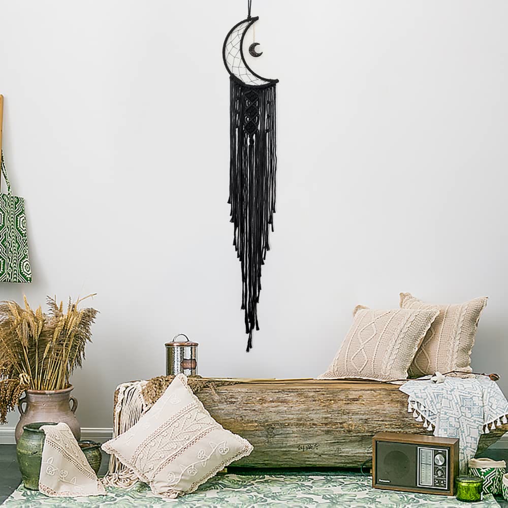 Attrape-rêves en macramé avec motif lune en onyx noir Olivenorma