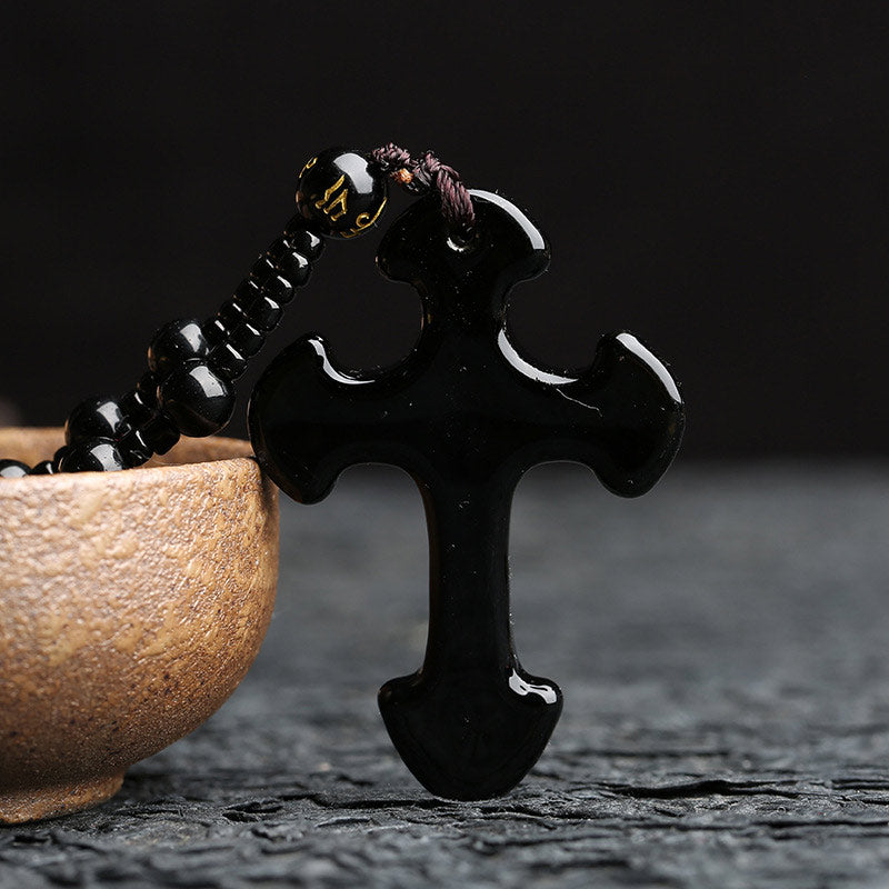 Collier symbole de croix en obsidienne Olivenorma