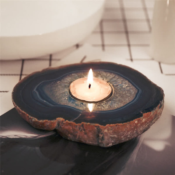 Bougeoir en tranche d'agate bleue naturelle
