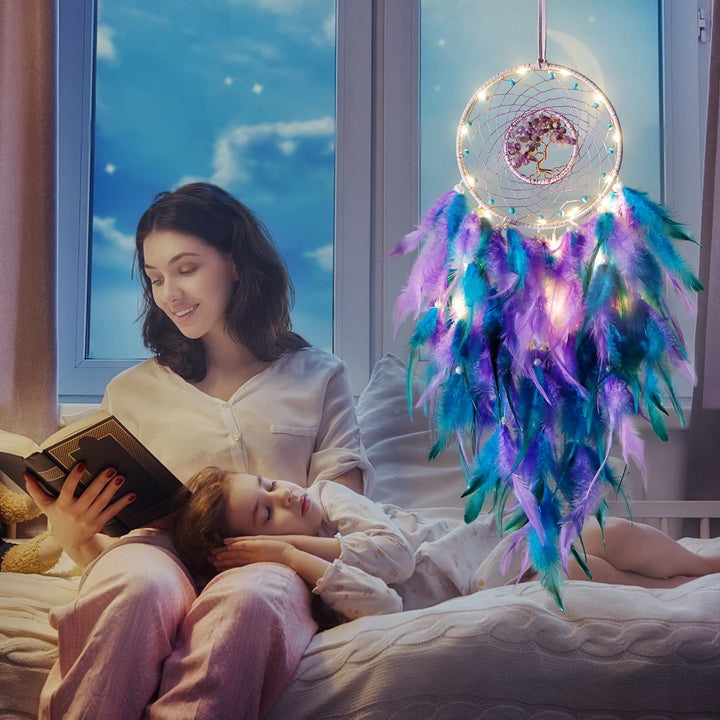 Attrape-rêves en cristal arbre de vie avec plumes phosphorescentes Olivenorma